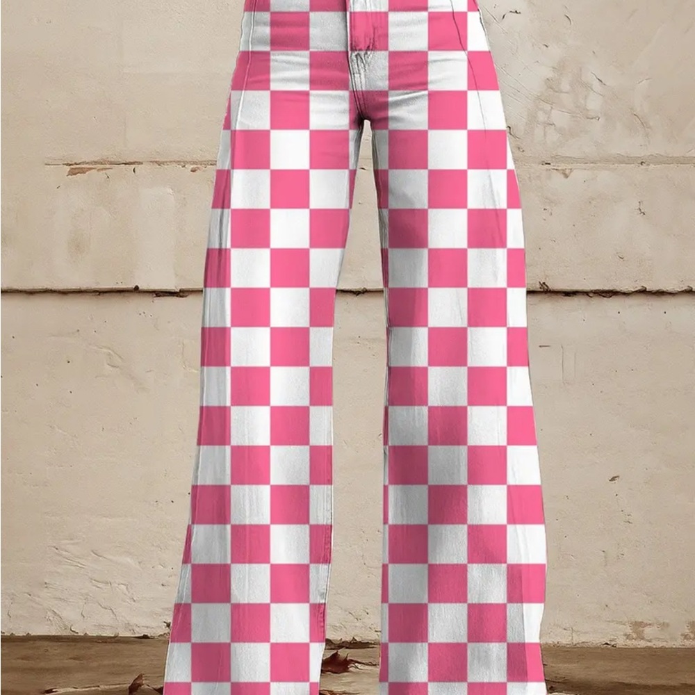 Pink and White Checkered Wide-Leg Pants